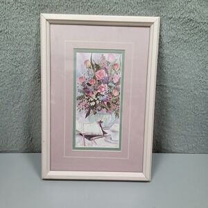 Anne Lovi Floral Still Life Framed Watercolor Print Pink Roses White Frame 13x9